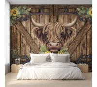 Générique Papier Peint Intissé Vache des Highlands, Papier Peint Panoramique Planche de Bois Tournesol Ferme pour Salon Chambre, Déco Murale Maison, Décoration Photo Murale 280x200 cm K-MZ&7
