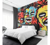 Générique Papier Peint Intissé Visage Abstrait, Papier Peint Panoramique Street Art Graffiti 300x210 cm, Papiers Peints Rouge Jaune Bleu Décoration Murale Salon Chambre w6g9