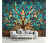 Générique Papier Peint Intissé Vitrail, Papier Peint Panoramique Arbre de Vie Géométrique Abstrait 300x210 cm, Papiers Peints Bleu Turquoise Or Décoration Murale Salon Chambre w6g18
