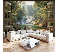 Générique Papier Peint Intissé Vue Par Fenêtre 3D Moderne Photo Mural Forêt Cascade Décoration Murale Grand Format XXL pour Salon Cuisine Bureau Chambre d'enfants TV mur 150x105 cm H1296