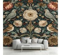 Générique Papier Peint Intissé William Morris, Papier Peint Panoramique Oiseau Floral Vintage 366x254 cm, Papiers Peints Vert Foncé Décoration Murale Salon Chambre w6g27