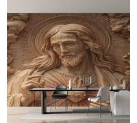 Générique Papier Peint Jésus Papier Peint Panoramique Sculpture sur Bois Chrétienne 3D Papiers Peints Intissé Fresque Murale, Decoration Chambre Salon, 100 x 70 cm GY-1