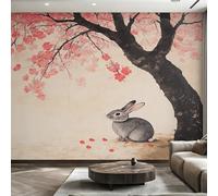 Générique Papier Peint Lapin Papier Peint Panoramique Fleurs de Cerisier Animal Japon Papiers Peints Intissé Fresque Murale, Decoration Chambre Salon Wallpaper, 400 x 280 cm O0&-E