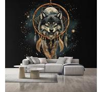 Générique Papier Peint Loup 400X280cm, Papier Peint Intissé Attrape-Rêves Lune Plumes Salon Chambre Panoramique Decoration, Fresque Murale Décoration Murale D29