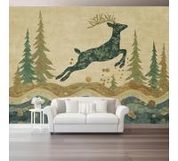 Générique Papier peint mural 300 x 210(WxH) - Illustration décorative Rétro Animaux Forêt en Châtaigne,impression photo de gamme en intissé pour salon chambre bureau ou mur décoratif