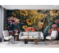 Générique Papier Peint Mural 300 x 256 cm Fleur Sauvages Papillons Vintage Floral Impression 3D HD Effet Réaliste Tableau mural Lavable Non Tissé Décoration Murale pour Salon Chambre Bureau A-337