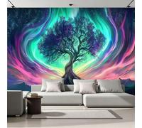 Générique Papier Peint Mural 350 x 256 cm Arbre De La Vie Aurore Boréale Ciel étoilé Impression 3D HD Effet Réaliste Tableau mural Lavable Non Tissé Décoration Murale pour Salon Chambre Bureau A-428