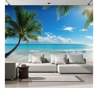 Générique Papier Peint Mural 366 x 254 cm Plage Tropicale Cocotiers Impression 3D HD Effet Réaliste Tableau mural Lavable Non Tissé Décoration Murale pour Salon Chambre Bureau A-447