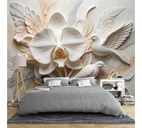Générique Papier Peint Mural 3D À Motif D'Orchidées Blanches Et De Colombes 100 × 70 Cm Intissé Grand Format Style Moderne Et Naturel Idéal Pour Chambre Ou Salon