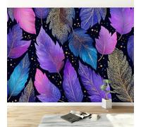 Générique Papier Peint Mural Bohème Feuilles Plumes Rayures 350L x 256H cm, Papier Peint Panoramique Intissé Art Mural Violet - Poster Photo Décoratif pour Salle à Manger Salon Chambre Design Moderne
