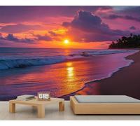 Générique Papier peint mural coucher de soleil sur l'océan, thème plage, pour salon, paysage côtier au coucher du soleil, 390 x 260 cm (non autocollant)