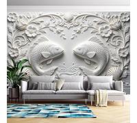Générique Papier Peint Mural En Relief 3D À Motif Floral, Motif Double Poisson, 600 Cm (L) X 400 Cm (H), Stickers Muraux D'Art Moderne Pour Chambre Et Salon - Intissé - Sans Adhésif