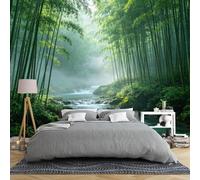 Générique Papier Peint Mural Panoramique Intissé 3D Forêt De Bambous 400 × 280 Cm Avec Cascade Et Rivière Décor Mural Paysager Verdoyant Pour Chambre Ou Salon De Thé.