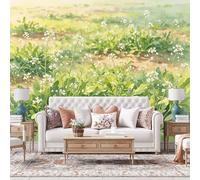 Générique Papier Peint Mural Rustique Intissé À Motif De Fleurs Blanches Et D'Herbe Verte, Style Prairie, Avec Photo Et Effet Panoramique 3D, Idéal Pour Le Salon Ou Le Bureau. Dimensions : 450