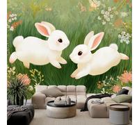 Générique Papier Peint Non-tissées Panoramique 300 x 210 cm 3D Poster Geant Mural, Animaux Prairie Lapin Blanc pour Salon Chambre restaurant Décoration Murale - Tapisserie Murales Vert