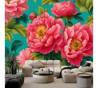 Générique Papier Peint Non-tissées Panoramique 300 x 210 cm 3D Poster Geant Mural, Botanique Rose Vert Pivoine Bouquet pour Salon Chambre restaurant Décoration Murale - Tapisserie Murales Rose