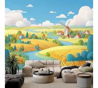 Générique Papier Peint Non-tissées Panoramique 400 x 280 cm 3D Poster Geant Mural, Cartoon Moulin Blé Rivière pour Salon Chambre restaurant Décoration Murale - Tapisserie Murales Bleu