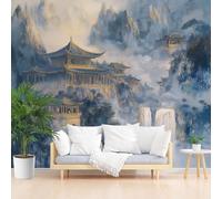 Générique Papier Peint Nuages Montagnes Bâtiments Paysage Papier Peint Panoramique Décoration Murale Pour Salon, Chambre, Murales Intissé, Paysage de Montagne Naturel Bleu Wallpaper Mural 350x256cm