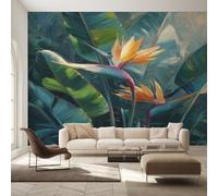 Générique Papier Peint Oiseau de Paradis Papier Peint Panoramique Feuille Verte Tropicale Fleur Papiers Peints Intissé Fresque Murale, Decoration Chambre Salon Wallpaper, 100 x 70 cm 2T&-H