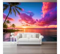 Générique Papier Peint Palmiers Tropicaux De Rêve Îles Nuages Style,Rose-Violet Intissé Panoramique Murale Decoration Personnalisée Pour Salon Chambre Chambre D'Enfant 150 x 105 cm（WxH