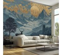 Générique Papier Peint Panoramique 150 x 105 cm, Papier Peint Montagne Cerf Forêt Paysage Image Photo Murale Wallpaper Pour Chambre, Salon, Mur TV Artistique, Restaurant Décoration Murale x29