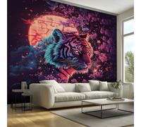Générique Papier Peint Panoramique 150 x 105 cm, Papier Peint Tigre Animal Japonais Fleuri Image Photo Murale Wallpaper Pour Chambre, Salon, Mur TV Artistique, Restaurant Décoration Murale W56