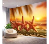 Générique Papier Peint Panoramique 200 x 140 cm（WxH, Murale Étoile De Mer Plage Coucher De Soleil Décoration Murale Écologique pour Chambre d'Enfant Salon et Restaurant Jaune Doré