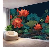 Générique Papier Peint Panoramique 200 x 140 cm（WxH, Murale Style Chinois Fleurs De Lotus Décoration Murale Écologique pour Chambre d'Enfant Salon et Restaurant Bleu Foncé