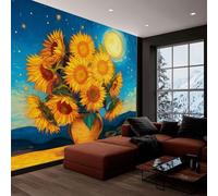 Générique Papier Peint Panoramique 250x175 cm, Papier Peint Intissé Décoration Murale Peinture À L'Huile Fantastique Tournesols Lune Bleu 3D Tapisserie Peinture Poster Geant Murale pour Chambre Salon
