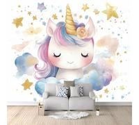 Générique Papier Peint Panoramique 300 x 210 cm Peinture À L'Aquarelle Licorne Étoiles Papier Peint Intissé Poster Tableaux Muraux Tapisserie Photo Trompe L'Oeil Pour Chambre Salon Décoration Murale