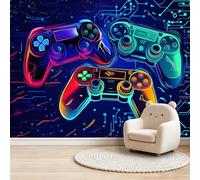 Générique Papier Peint Panoramique 350 x 256 cm Manette de jeu graffiti néon gaming Art Photo Murale Chambre Décor, Papier Peint intissé fond pour Chambre D'Enfant Adolescent Maternelle Murale