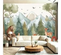 Générique Papier Peint Panoramique 350 x 256(WxH), Fresque Murale pour Salon et Chambre, Animaux forestiers Cottagecore Vert Décoration Murale Moderne pour Transformer Vos Murs