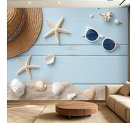 Générique Papier Peint Panoramique 350 x 256(WxH), Fresque Murale pour Salon et Chambre, Décoration coquillages de plage style côtier Bleu Décoration Murale Moderne pour Transformer Vos Murs