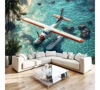 Générique Papier Peint Panoramique 3D 300x210 cm Avion Non-tissé Murale Maison Décoration Intérieure Océan îles pour Chambre Salon Mur TV Artistique Poster Décoration Murale 1M74