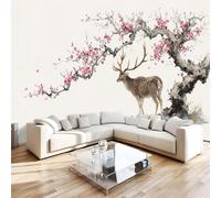 Générique Papier Peint Panoramique 3D 400x280 cm Cerfs Fleurs Non-tissé Murale Maison Décoration Intérieure Style Chinois pour Chambre Salon Mur TV Artistique Poster Décoration Murale 1M1751