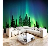 Générique Papier Peint Panoramique 3D Aurore Boréale 350 x 256 cm (LxH) | Poster Géant Mural intissé xxl Silhouette De Forêt De Pins Moderne Fresque Peinture Murale Décorative pour Salon Chambre L-69