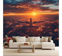 Générique Papier Peint Panoramique 3D Avion 300x256 cm Murales Panoramique Avion Ville Lever de soleil Papier Peint Intissé Paysage urbain pour Salon, Adulte Chambre d'enfants, Restaurant Décoration