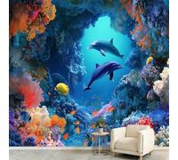 Générique Papier Peint Panoramique 3D Dessin Animé Monde Sous-Marin 300 x 210 cm Poster Géant Mural Personnalisé pour Salon Chambre, Chambre d'enfants - Dauphin Poissons Corail Grotte