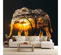 Générique Papier Peint Panoramique 3D Éléphant 300x256 cm Murales Panoramique Animal Papier Peint Intissé Forêt Soleil Couchant pour Salon, Adulte Chambre d'enfants, Restaurant Décoration