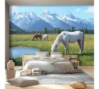 Générique Papier Peint Panoramique 3D intissé 200 x 140 cm, Bleu Vert Animaux Prairies Chevaux Papier Peint pour Salon Tv Mur Poster Mural Salle à Manger Chambre D’enfants Décoration Murale
