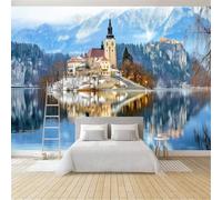 Générique Papier Peint Panoramique 3D Moderne Château Montagne Enneigée Lac Bleu 300 x 210 cm, Papier Peint Intissé - Fresque Murale pour Salon, Chambre & Bureau, Décoration Murale Impression HD