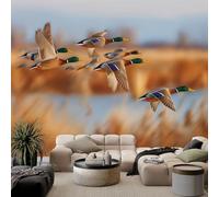 Générique Papier Peint Panoramique 3D Nature Animal Canard Sauvage Roseaux, Intissé Poster Murale Décoration Marron clair pour Salon Chambre Fond De Mur Tv Papier Peint Murales 350 x 256 CM