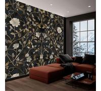 Générique Papier Peint Panoramique 3D, Papier Peint Pastorale Florale Feuilles Dorées Noir Intissé Photo Mural Moderne Poster Salon Chambre Mur de fond Chambre des Enfants Bureau Maison 250x175 cm