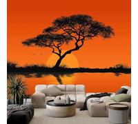 Générique Papier Peint Panoramique 3D Paysage Coucher du Soleil Acacia Doré Lac, Intissé Poster Murale Décoration Jaune pour Salon Chambre Fond De Mur Tv Papier Peint Murales 300 x 210 CM