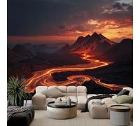 Générique Papier Peint Panoramique 3D Soie 300 x 210 cm Volcan Rivière Lave Anime, Noir Jaune Grande Poster Tableaux Photo Muraux pour Salon Chambre d'enfant Chambre D'Enfant Décoration