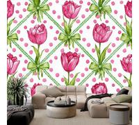 Générique Papier Peint Panoramique 3D Tulipes Roses Ruban Vert 350 x 256 cm Intissé Murale, pour Salon Chambre Papier Peint Photo Thème Romantique Chambre Poster Mural Fresques Murales