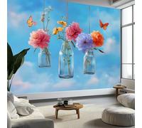 Générique Papier Peint Panoramique 3D Vase Papillon Bleu Ciel Nuages Blancs 3D, Intissé Poster Murale Décoration Bleu ciel pour Salon Chambre Fond De Mur Tv Papier Peint Murales 250 x 175 CM