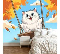 Générique Papier Peint Panoramique 400 x 280 cm Chat Mignon Feuilles d’Automne Art Photo Murale Chambre Décor, Papier Peint intissé fond pour Chambre D'Enfant Adolescent Maternelle Murale Animation