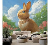 Générique Papier Peint Panoramique 400 x 280 cm Forêt verte avec lapins style campagnard Art Photo Murale Chambre Décor, Papier Peint intissé fond pour Chambre D'Enfant Adolescent Maternelle Murale