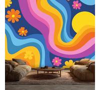 Générique Papier Peint Panoramique 450 x 315 cm, Papier Peint Groovy Vague Abstrait Fleur Rétro Image Photo Murale Wallpaper Pour Chambre, Salon, Mur TV Artistique, Restaurant Décoration Murale N114